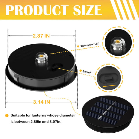 Image showing product size for 4 Pack Solar Light Replacement Tops For Outdoor Lanterns Top 3.14 Inch Round Panels And Bottom 2.87 Inch Weatherproof LED Modules For Garden Landscape Lights Easy Fit