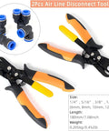 Awesome Set Of Premium Push To Connect Air Line Disconnect Tools With 15 Piece Fitting Kit For Quick Removal And Installation On All Common Pneumatic Sizes Like 1/4 Inch To 1/2 Inch Without Any Hassle. air line disconnect pliers with 1/4 to 1/2 inch fittings