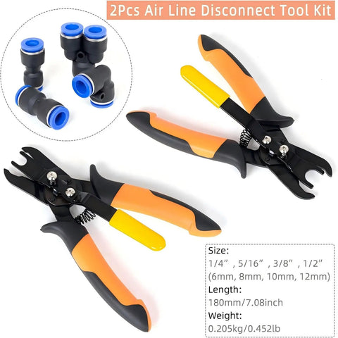 Awesome Set Of Premium Push To Connect Air Line Disconnect Tools With 15 Piece Fitting Kit For Quick Removal And Installation On All Common Pneumatic Sizes Like 1/4 Inch To 1/2 Inch Without Any Hassle. air line disconnect pliers with 1/4 to 1/2 inch fittings