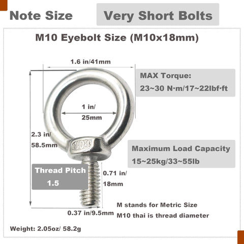 Diagram showing dimensions of Stainless Steel M10 Eyebolt 0.71 Inch Short Eye Bolt With Threaded Ring for heavy-duty anchoring.