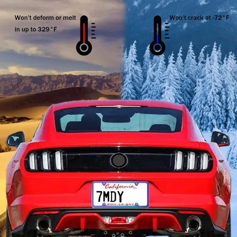 Red car with Iridescent Snazzy License Plate Frame 2 Pack Stainless Steel Mirror Polish Finish Universal US Car License Plate Bracket Holder 4 Hole Theft Deterrent Design Rustproof Weatherproof With Mounting Fittings against desert and snow backgrounds.