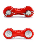 Heavy Duty 3/8 Inch Twin Clevis Safety Chain Repair Links 4 Pack, red steel connectors for trailer tie downs, top view.