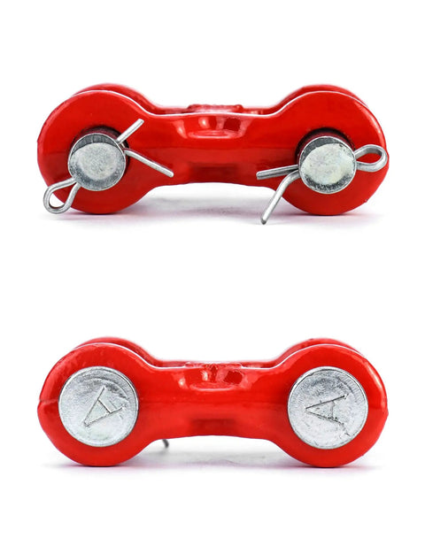 Heavy Duty 3/8 Inch Twin Clevis Safety Chain Repair Links 4 Pack, red steel connectors for trailer tie downs, top view.