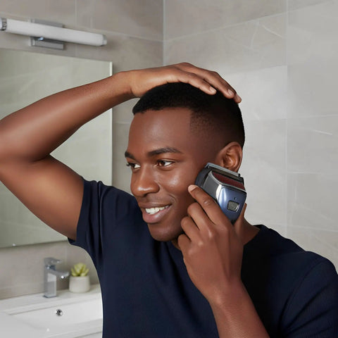 Man using Powerful At Home Haircut Kit With 6500 RPM Electric Clippers USB Rechargeable Grooming Set in bathroom mirror