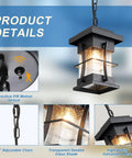 Motion Outdoor Pendant Light With Dusk To Dawn Sensor Exterior Hanging Lantern in black finish with seeded glass detail.
