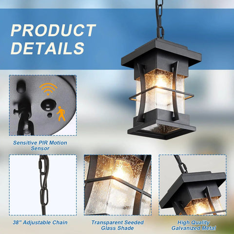 Motion Outdoor Pendant Light With Dusk To Dawn Sensor Exterior Hanging Lantern in black finish with seeded glass detail.