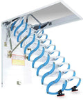 Built Tough Electric Remote Control Pull Down Attic Ladder With Extra Wide Nonslip Treads And Foldable Space Saving Frame, shown installed.