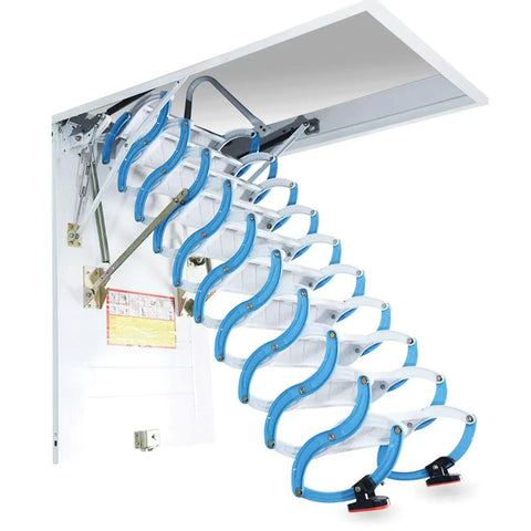 Electric Remote Attic Ladder With Slick Pull Down Motion And Telescoping Fold For Quick Home Loft Access, displayed with opened steps.