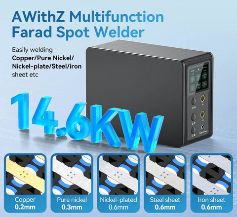 14.6 KW Capacitor Battery Spot Welder For 18650 And LiFePO4 Packs with auto and foot pedal operation, material compatibility details
