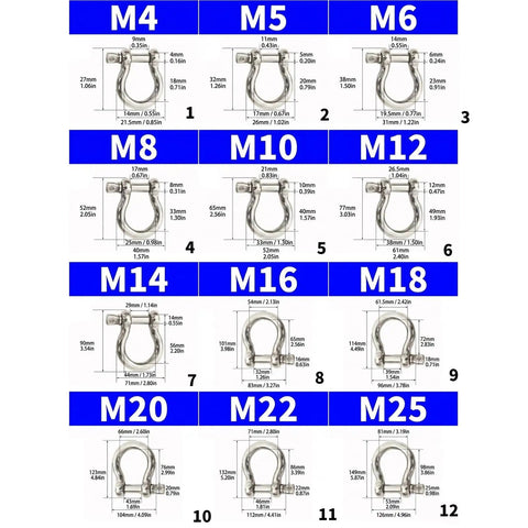Badass 304 Stainless Steel Marine Shackle With Screw Pin size chart for tough boat rigging, mooring, towing, and outdoor utility jobs.