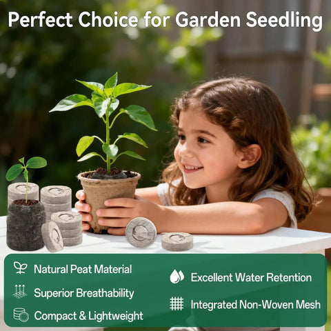 Child holding plant with 55 Pack 30Mm Peat Pellets For Seedlings that expand with water on table.