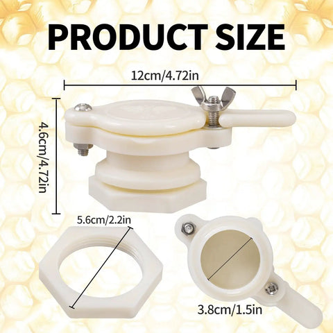 Food Grade Plastic Honey Gate Valve Set For 5 Gallon Buckets with measurements, nylon threaded barrel, stainless screws