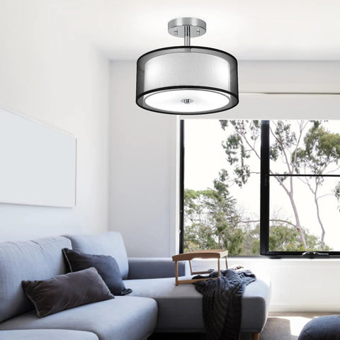 Three Light Modern Semi Flush Mount Ceiling Light With Drum Shade And Double Fabric Shade Brushed Chrome Finish Close To Ceiling Fixture For Living Room Dining Room Bedroom Hallway Entry Foyer