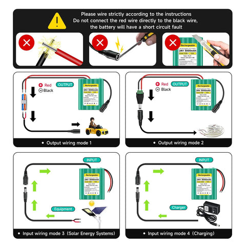 Wiring instructions for 24V 3.0Ah Li Ion Battery Pack with Charger for DIY projects, RC cars, solar panels, and LED strips.