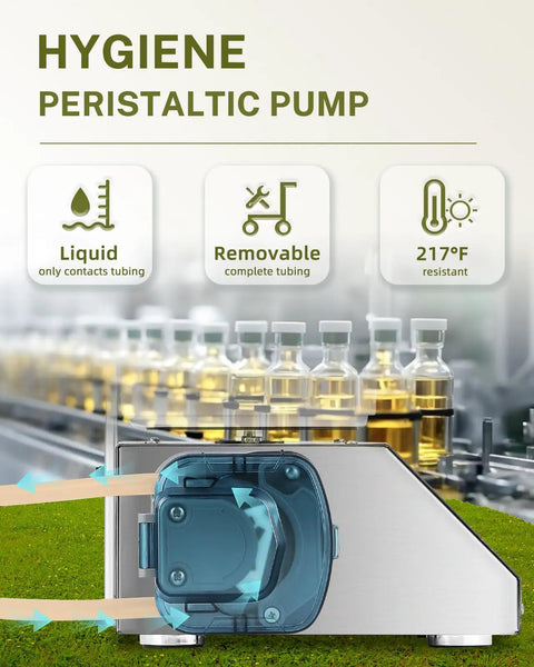 Liquid Filling Machine 1-10g Bottle Filler With 90ml/min Peristaltic Pump Digital Control For Juice And Essential Oils Weight Filling Easy Tube Replacement Self Priming Idle Air Transfer Pro Grade Performance showing hygiene features and removable tubing.