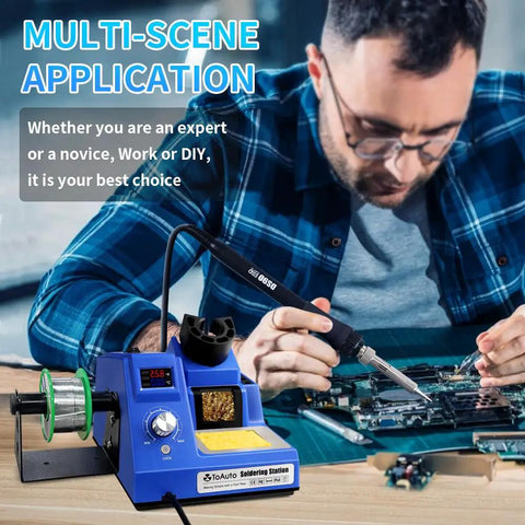 User working with DS90 Dual Digital Soldering Station Kit With 90W Iron, 302F To 842F Temperature, Blue Version for PCB work.