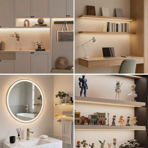12V Warm White COB LED Strip Light Kit With 6.56Ft Length Self Adhesive Mount installed in shelves and cabinets lighting setup.