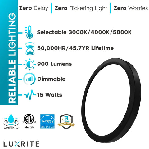 7 Inch LED Flush Mount Ceiling Light Fixture, Dimmable Round Panel, 15W, 900 Lumens, Three Color Temperatures, Black Trim