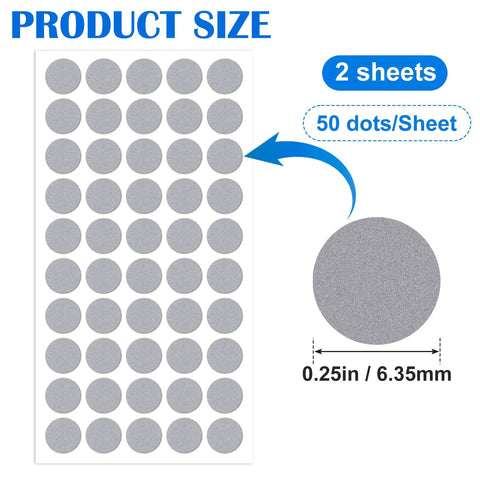 Pack Of 100 0.25 Inch Reflective Golf Dots Stickers Weatherproof Golf Ball Dots For Launch Monitor Simulator And Swing Analysis With High Speed Camera Dope Silver Grey Training Aid shown on two sheets