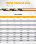 Twenty Five Piece Brad Point Drill Bit Set With Titanium Coated HSS Pro Grade Full Ground Wood Bits size chart