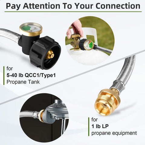 6 Ft Stainless Braided Propane Hose Adapter From 1 Lb To 20 Lb Tanks With Gauge For QCC1 Type 1 Connections, showing fittings.