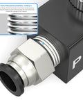 Close-up of Aluminum 1/4 Inch NPT Air Flow Control Valve With Push To Connect Fitting In Line Speed Controller showing precise thread detail.