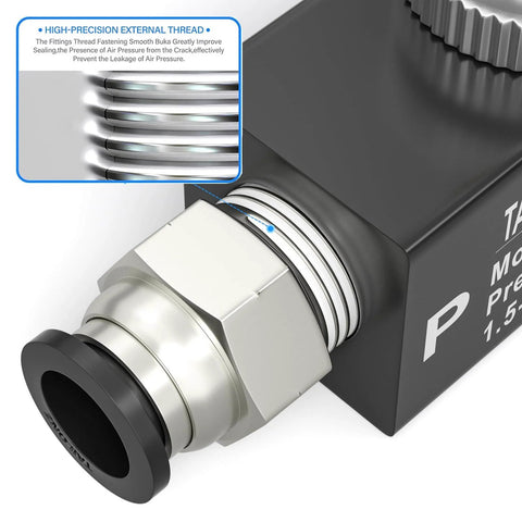 Close-up of Aluminum 1/4 Inch NPT Air Flow Control Valve With Push To Connect Fitting In Line Speed Controller showing precise thread detail.