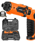 Cordless Screwdriver Kit With 8V Max Power 10Nm Torque 230 RPM and carry case with 82-piece accessory set displayed