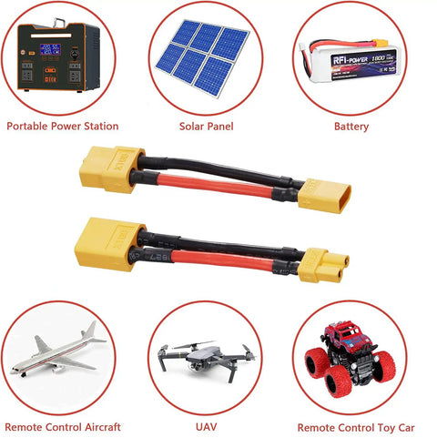 XT60 Male To XT30 Female Connector Adapter 14AWG Cable 5cm 2 Pack And XT30 Male To XT60 Female Connector Adapter 14AWG Cable 50mm 2 Pack For Lithium Battery Micro FPV Drone 4 Pack, with usage examples like portable power station and remote control car.
