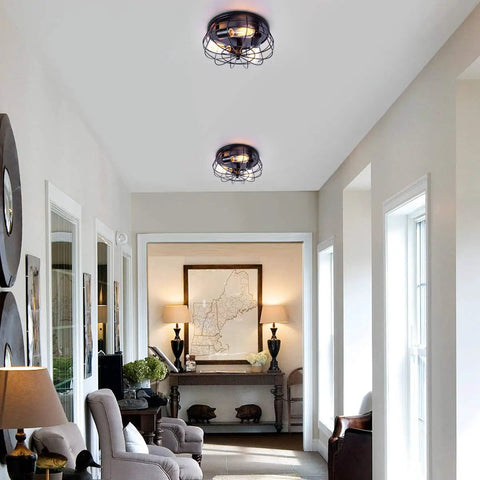 Industrial Black Semi Flush Mount Ceiling Light Three Light Rustic Ceiling Lamp Fixture With Metal Cage in hallway