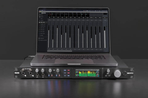 Next Gen 28x32 USB3 Audio Interface With 24 Bit RGB Display And Real Time Metering Pro Grade IO under laptop with mixing software