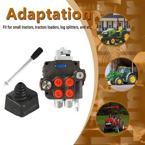 Front view of a two-spool hydraulic directional valve with joystick, red port plugs, SAE ports.