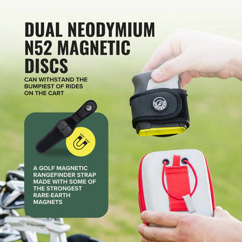 Super Slim 2.0 Golf Rangefinder Magnetic Strap in black with buckle-free design shown with red and grey rangefinder mount.