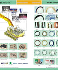Diagram of seal kits and separate seals for excavators, including various circular and rectangular components with labels