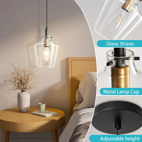 Modern Black And Gold Glass Pendant Light 2 Pack With Adjustable Height Cord For Kitchen Island Clear Round Shade E26 Socket, clear glass shade with pendant lamp design.