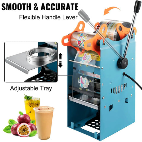 Heavy Duty Manual Boba Tea Cup Sealer Machine Built Like A Tank For Hustle Ready Cafes Fits 90 Mm And 95 Mm Cups, adjustable tray for sealing drinks.