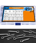 Stainless Steel Cotter Pins Kit With 580 Pieces In 24 Sizes For Automotive, Car Workshop, shown with box and selection of U pins.