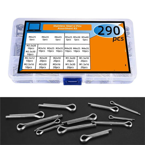 Stainless Steel Cotter Pins Kit With 580 Pieces In 24 Sizes For Automotive, Car Workshop, shown with box and selection of U pins.