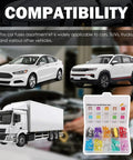 120 Piece Car Fuse Kit With Tester And Puller, Multi Amp Blade Fuses Set Includes 35A 30A 25A 20A 15A 10A 7.5A 5A 3A 2A, Portable Auto Fuse Kit With Storage Box shown with compatibility for cars, SUVs, and trucks