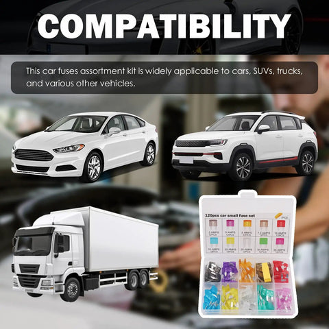 120 Piece Car Fuse Kit With Tester And Puller, Multi Amp Blade Fuses Set Includes 35A 30A 25A 20A 15A 10A 7.5A 5A 3A 2A, Portable Auto Fuse Kit With Storage Box shown with compatibility for cars, SUVs, and trucks