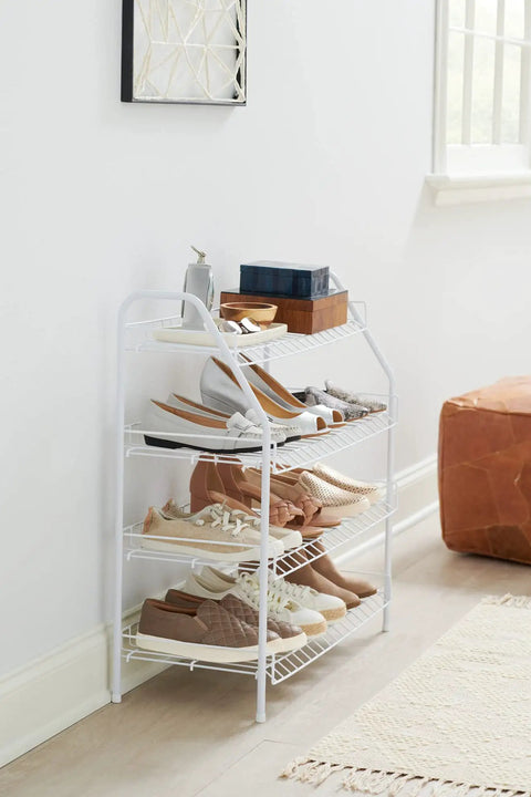 Four Tier Wire Shoe Rack White Simple Assembly Holds Up To 12 Pairs Of Shoes In Bedroom Or Closet Heavy Duty Metal Build With Rubber Feet