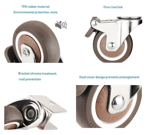 Heavy Duty Furniture Caster Wheels With Quiet Rubber Tread Roll Like A Dream On Any Floor 80kg Load Capacity close-up of TPE rubber wheel and metal bracket.
