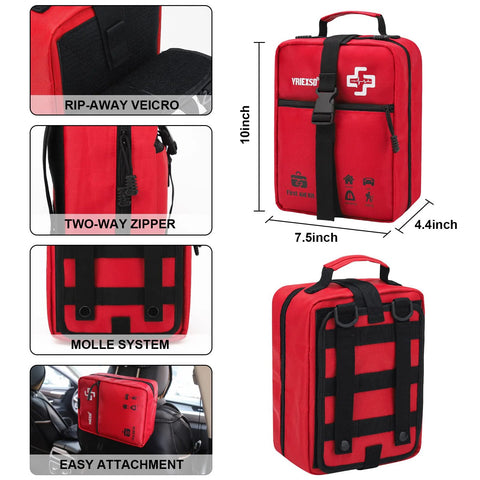 Front view of a red VRIEXSD 400-piece large first aid kit bag with MOLLE system and two-way zipper