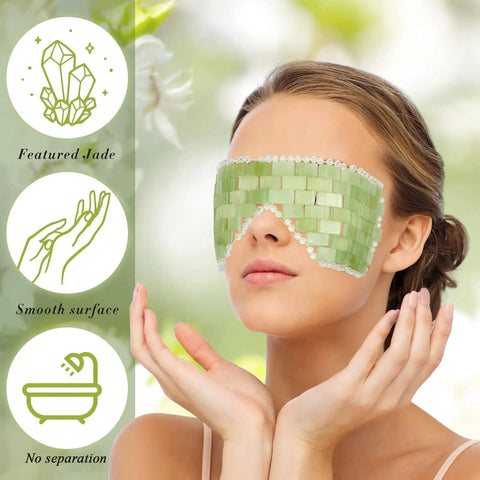 Cooling Jade Eye Masks And Hair Comb Set 4 Piece Facial Massage Tools For Puffiness Relief And Relaxation Jade Stone Eye Masks With Scalp Comb Gua Sha Style Beauty Tools For Home Spa Chill Self Care; woman wearing green jade eye mask