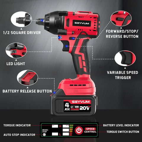 Cordless Half Inch Impact Wrench Beast Delivers 320 Ft Lbs Max Torque, 20V Brushless Motor, variable speed trigger
