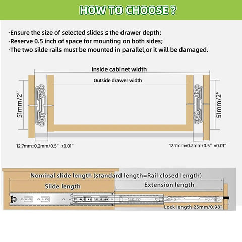 Diagram showing installation guide for Beefy Heavy Duty Locking Drawer Slides 1 Pair 12 To 40 Inch Full Extension Ball Bearing Rails.