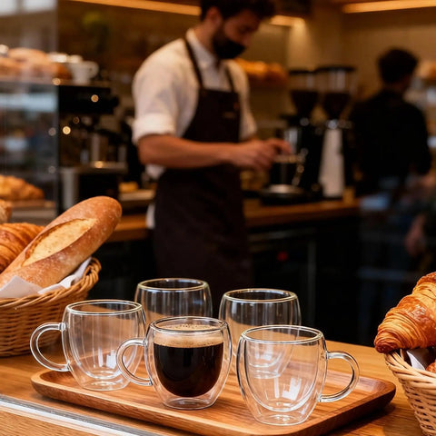 Six Pack Double Wall Insulated Espresso Cups With Handles Clear Borosilicate Glass Shot Glasses in a café setting
