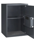 Compact Steel Home Safe Box With Digital Keypad And Two Manual Override Keys Rugged 11 Gauge Construction open view interior