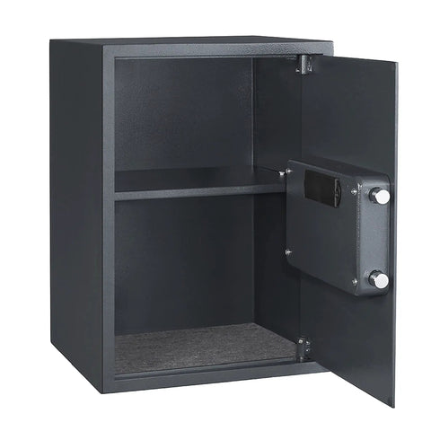 Compact Steel Home Safe Box With Digital Keypad And Two Manual Override Keys Rugged 11 Gauge Construction open view interior
