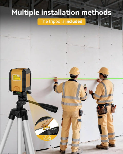 Laser Level With Tripod, Self Leveling Green Beam Cross Line For Horizontal And Vertical Alignment in use by two workers